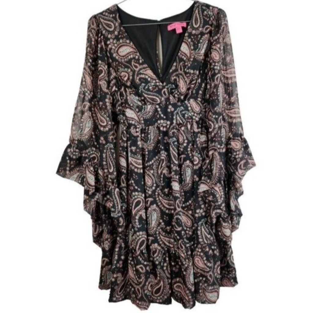 Betsey Johnson Boho Mini Dress Womens Size 2 Black Pink Paisley Bell Sleeve